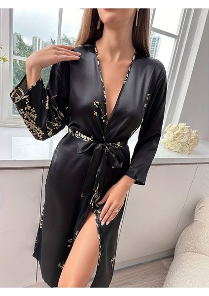 Kadın Uzun Kollu V Yakalı Çiçek Baskılı Belden Kuşaklı Midi Saten Gecelik fiyatları