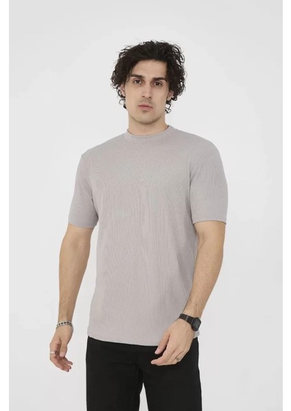 Unisex Bisiklet Yaka Slim Fit T-Shirt- Taş