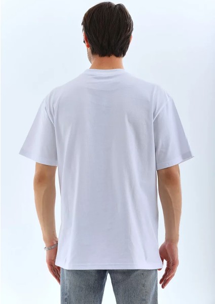 Unisex Oversize Taşlı Bisiklet Yaka T-Shirt - Beyaz fiyatları