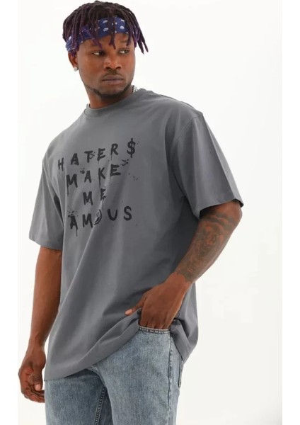 Unisex Oversize Baskılı Bisiklet Yaka T-Shirt - Füme