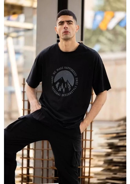 Unisex Bisiklet Yaka Baskılı Oversize T-Shirt - Siyah