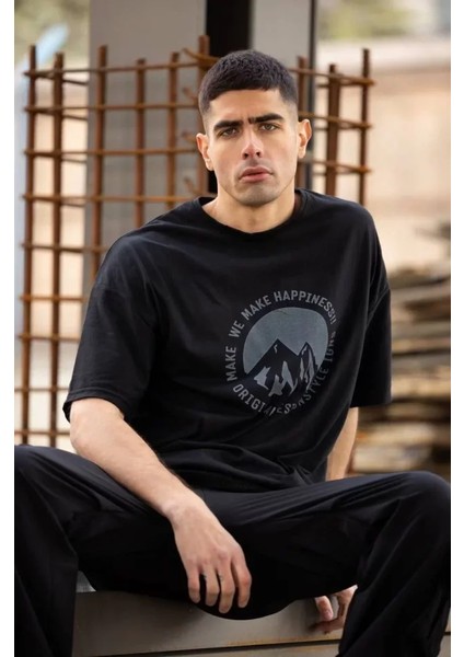 Unisex Bisiklet Yaka Baskılı Oversize T-Shirt - Siyah modelleri