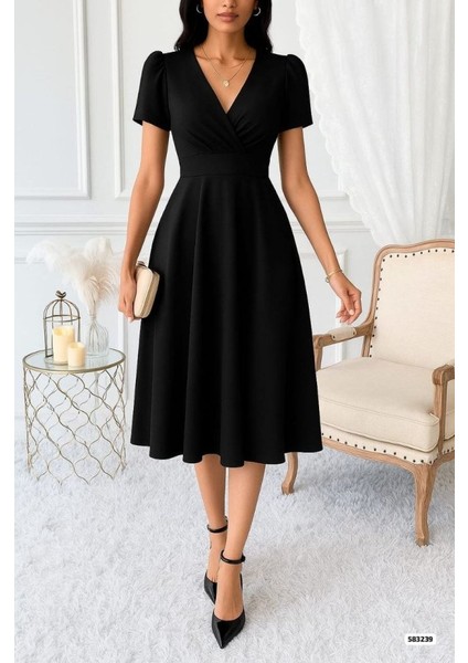 Kadın Kruvaze Yaka Kısa Kollu Midi Boy Krep Kumaş Elbise