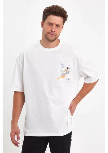 Erkek Melek Baskılı Oversize T-Shirt - Beyaz fiyatları