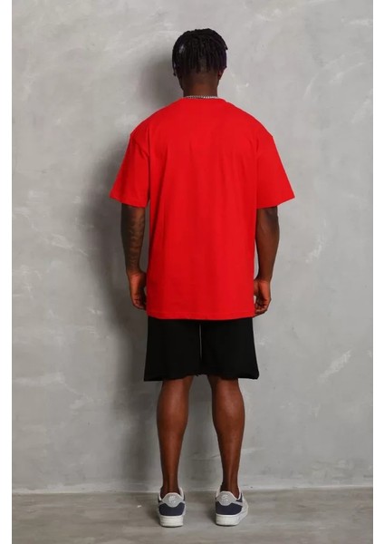 Unisex Oversize Düz Bisiklet Yaka T-Shirt - Kırmızı fiyatları