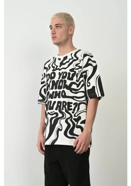 Unisex Baskılı Bisiklet Yaka Oversize T-Shirt - Beyaz