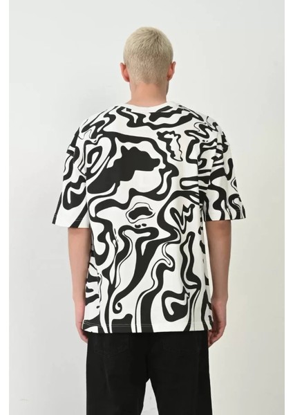 Unisex Baskılı Bisiklet Yaka Oversize T-Shirt - Beyaz modelleri