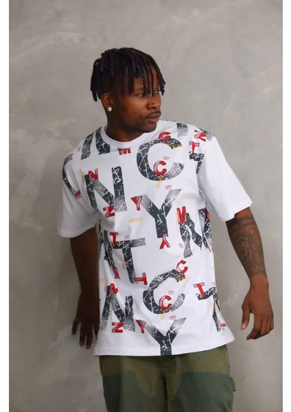 Unisex Baskılı Oversize T-Shirt - Beyaz