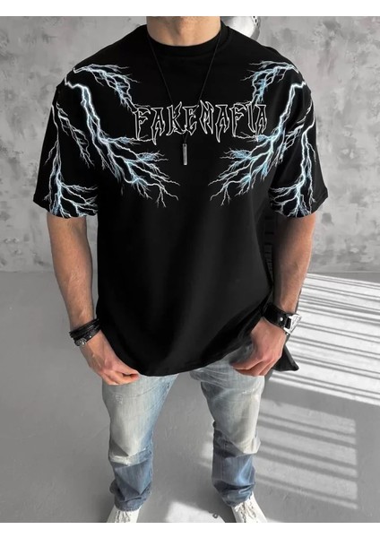 Unisex Bisiklet Yaka Baskılı Oversize T-Shirt - Siyah