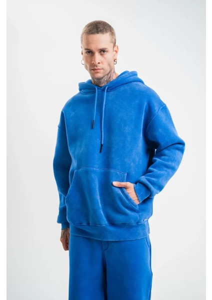 Unisex Double Oversize Kapşonlu Yıkamalı Sweatshirt - Mavi
