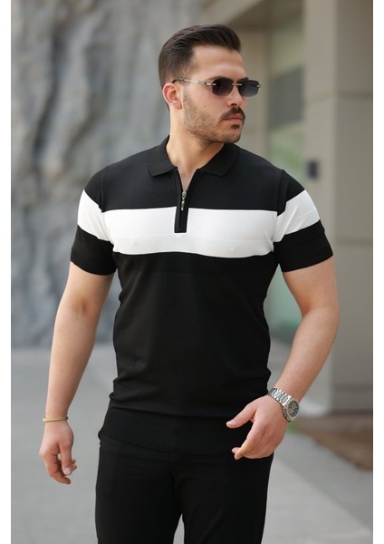 Erkek Fermuar Yakalı Şerit Renk Desenli Kısa Kollu Tişört
