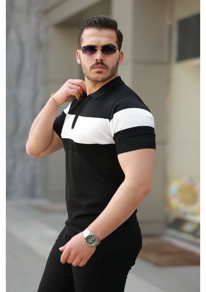 Erkek Fermuar Yakalı Şerit Renk Desenli Kısa Kollu Tişört fiyatları