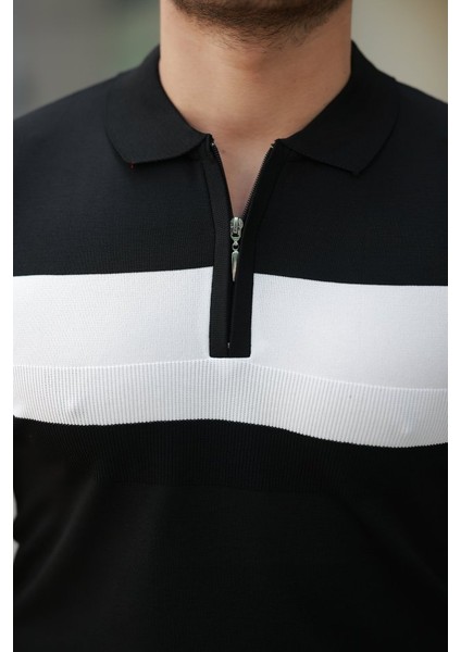 Erkek Fermuar Yakalı Şerit Renk Desenli Kısa Kollu Tişört modelleri