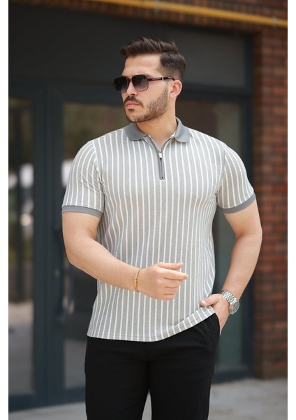 Erkek Çizgili Fermuar Yakalı Kısa Kollu Tişört