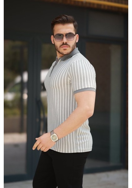 Erkek Çizgili Fermuar Yakalı Kısa Kollu Tişört fiyatları