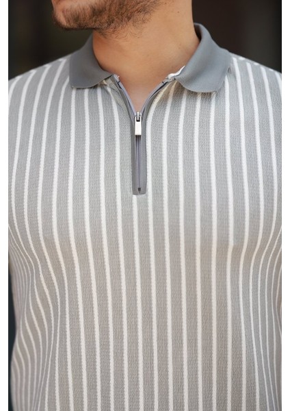 Erkek Çizgili Fermuar Yakalı Kısa Kollu Tişört modelleri