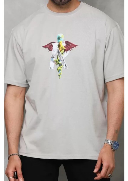 Unisex Bisiklet Yaka Baskılı Oversize T-Shirt - Gri fiyatları