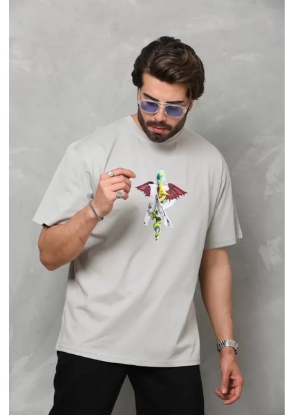 Unisex Bisiklet Yaka Baskılı Oversize T-Shirt - Gri modelleri