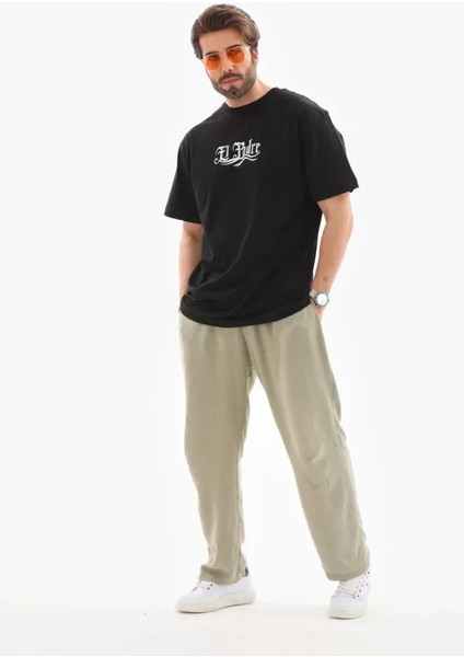 Unisex Bisiklet Yaka Baskılı Oversize T-Shirt - Siyah modelleri