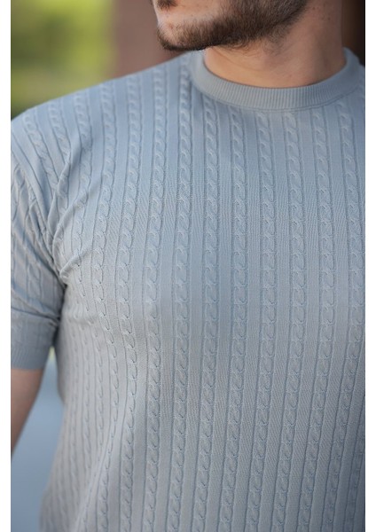 Erkek Bisiklet Yaka Örgü Desenli Kısa Örme Triko Kısa Kollu T-Shirt modelleri