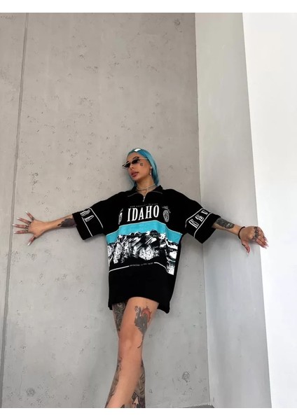 Unisex Baskılı Yarım Fermuarlı T-Shirt - Siyah fırsatları