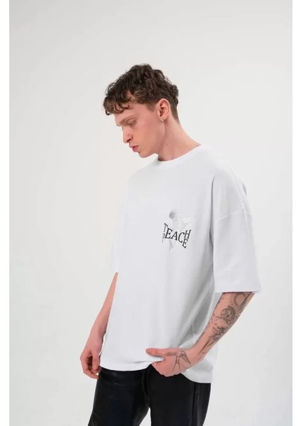 Unisex Bisiklet Yaka Baskılı Oversize T-Shirt - Beyaz