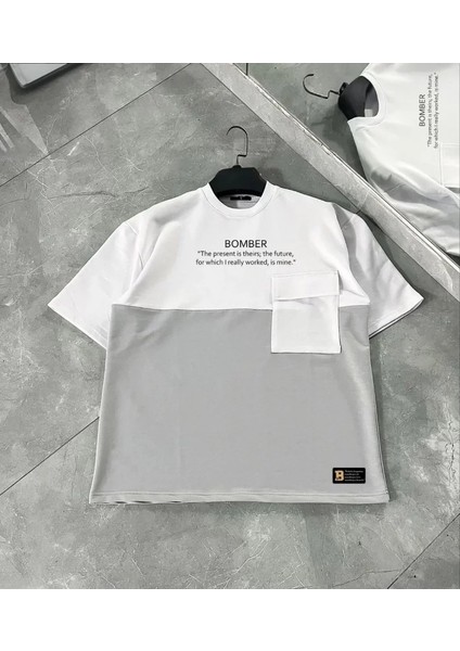 Unisex Torba Cep Detaylı Parçalı T-Shirt - Gri