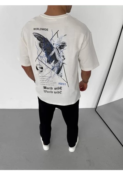 Unisex Bisiklet Yaka Baskılı Oversize T-Shirt - Beyaz modelleri