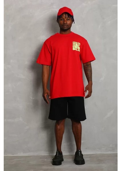 Unisex Oversize Baskılı Bisiklet Yaka T-Shirt - Kırmızı modelleri