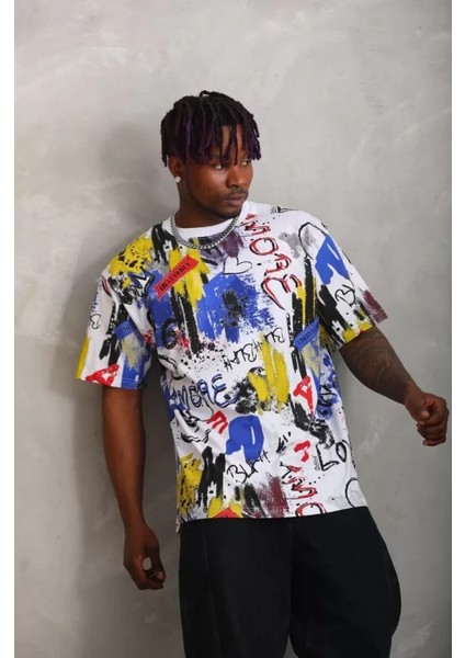 Unisex Oversize Baskılı Bisiklet Yaka T-Shirt - Beyaz fırsatları