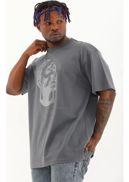 Unisex Oversize Taşlı Bisiklet Yaka T-Shirt - Füme