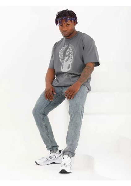 Unisex Oversize Taşlı Bisiklet Yaka T-Shirt - Füme fırsatları