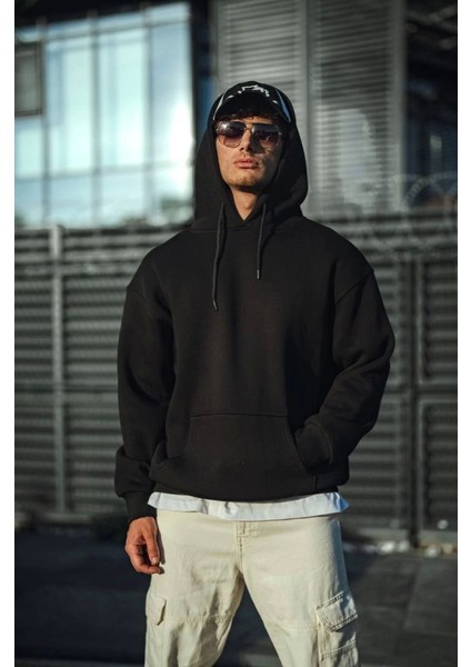 Üç Iplik Penye Kapşonlu Basic Sweatshirt - Siyah