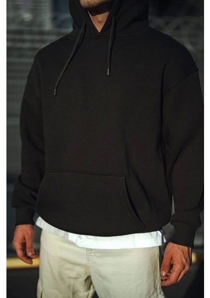 Üç Iplik Penye Kapşonlu Basic Sweatshirt - Siyah modelleri