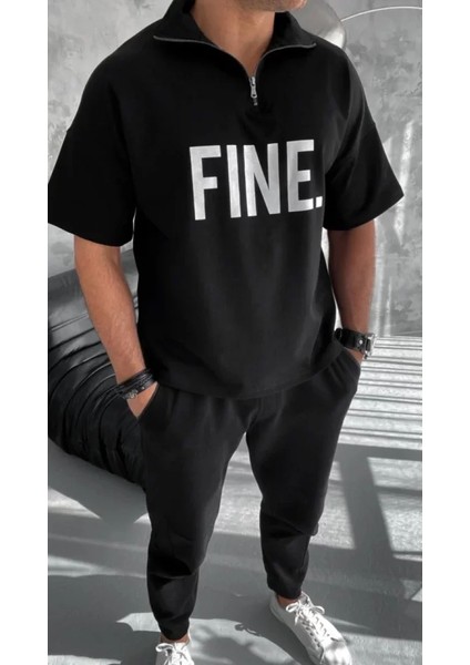 Unisex Baskılı Yarım Fermuarlı T-Shirt - Siyah