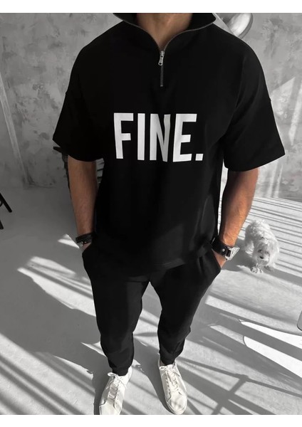 Unisex Baskılı Yarım Fermuarlı T-Shirt - Siyah fiyatları