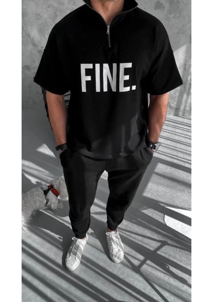 Unisex Baskılı Yarım Fermuarlı T-Shirt - Siyah modelleri