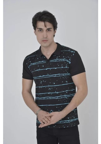 Erkek Yakalı Slim Fit Pike Çizgili T-Shirt - Siyah
