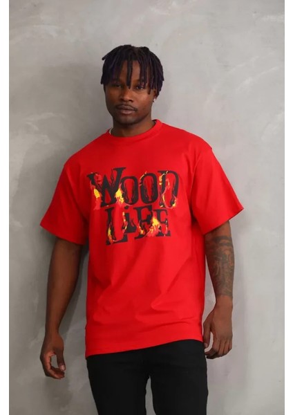 Unisex Baskılı Oversize T-Shirt - Kırmızı
