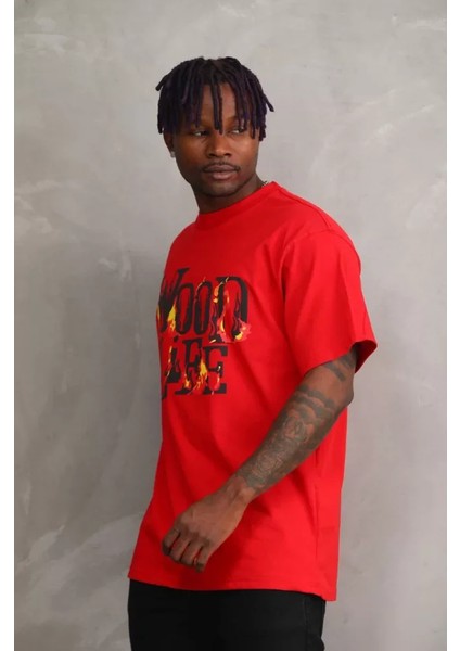 Unisex Baskılı Oversize T-Shirt - Kırmızı fırsatları