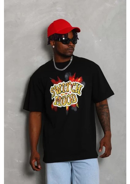 Unisex Oversize Baskılı Bisiklet Yaka T-Shirt - Siyah