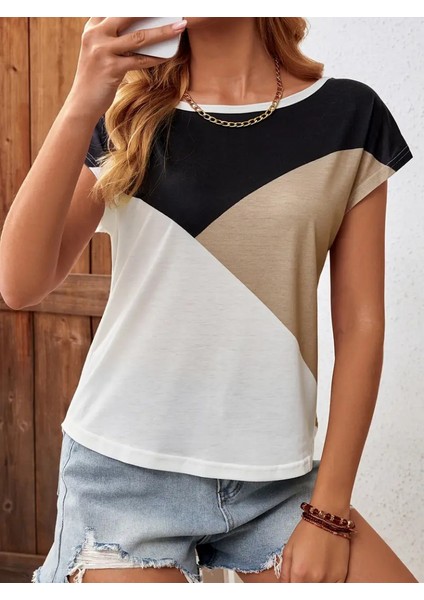 Kadın Bisiklet Yaka Üç Renk Viskon T-Shirt modelleri