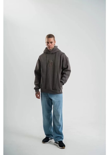 Unisex Uzun Kol Kapşonlu Yıkamalı Nakışlı Sweatshirt - Füme