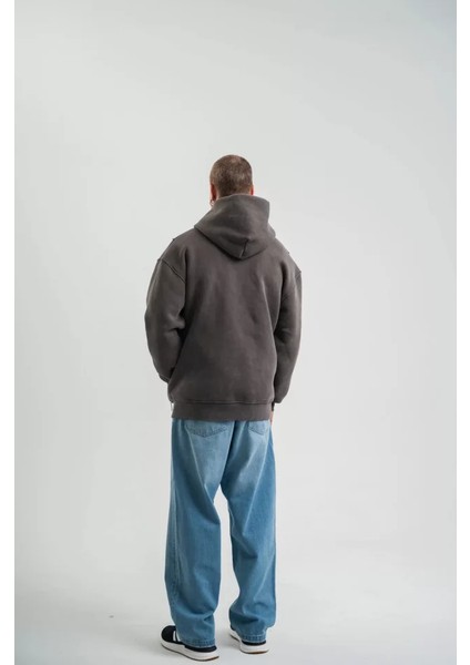 Unisex Uzun Kol Kapşonlu Yıkamalı Nakışlı Sweatshirt - Füme fiyatları