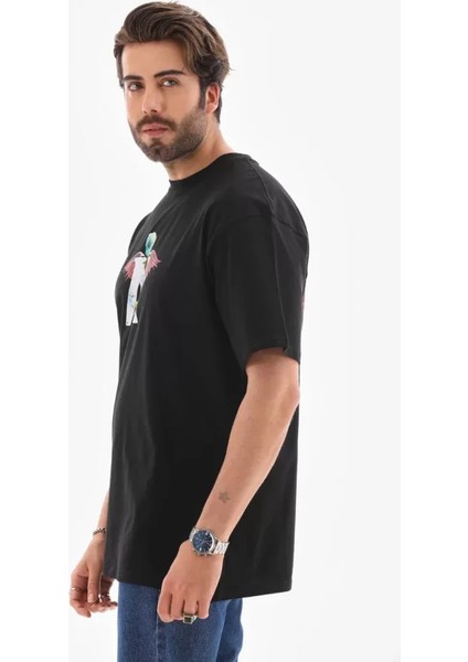 Unisex Bisiklet Yaka Baskılı Oversize T-Shirt - Siyah fiyatları