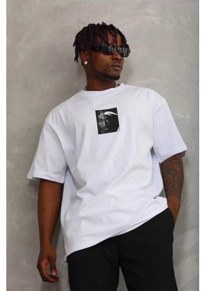 Unisex Oversize Baskılı Bisiklet Yaka T-Shirt - Beyaz