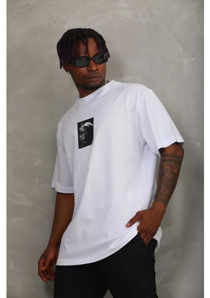 Unisex Oversize Baskılı Bisiklet Yaka T-Shirt - Beyaz fiyatları