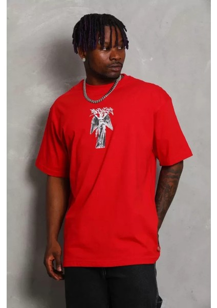 Unisex Oversize Baskılı Bisiklet Yaka T-Shirt - Kırmızı fiyatları