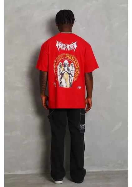 Unisex Oversize Baskılı Bisiklet Yaka T-Shirt - Kırmızı fırsatları