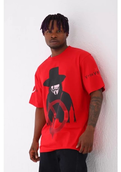 Unisex Oversize Baskılı Bisiklet Yaka T-Shirt - Kırmızı fiyatları